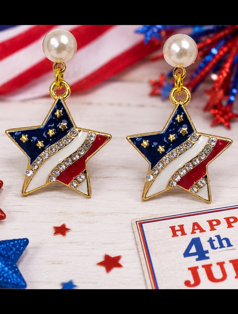 Patriotic Star Pearl Drop Earrings Red White Blue Rhinestone 4th of July USA